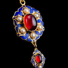 Load image into Gallery viewer, Antique Victorian Holbeinesque Pendant Necklace Garnets Pearls 18K Gold - c.1857