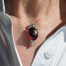 Load image into Gallery viewer, Antique Victorian Garnet & Diamond Star Cabochon Brooch/Pendant 14K Gold c.1870