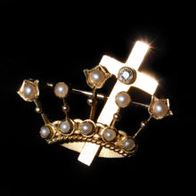 Load image into Gallery viewer, Antique Crown/Coronet Brooch Diamond & Pearls with Cross 15K Gold - c.1890