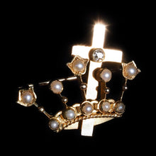 Load image into Gallery viewer, Antique Crown/Coronet Brooch Diamond & Pearls with Cross 15K Gold - c.1890
