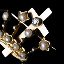 Load image into Gallery viewer, Antique Crown/Coronet Brooch Diamond & Pearls with Cross 15K Gold - c.1890