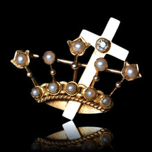 Load image into Gallery viewer, Antique Crown/Coronet Brooch Diamond & Pearls with Cross 15K Gold - c.1890