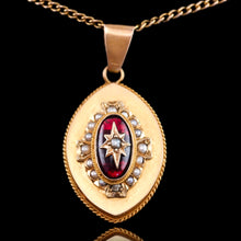 Load image into Gallery viewer, Antique Victorian Garnet & Pearl Pendant Necklace 14K Gold c.1880