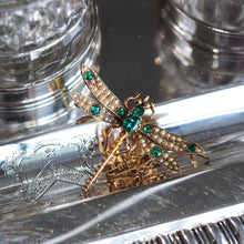 Load image into Gallery viewer, Antique Victorian Dragonfly Brooch Garnet & Seed Pearl 9K Gold - c.1900
