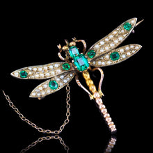 Load image into Gallery viewer, Antique Victorian Dragonfly Brooch Garnet & Seed Pearl 9K Gold - c.1900