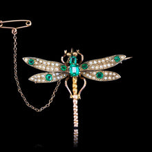 Load image into Gallery viewer, Antique Victorian Dragonfly Brooch Garnet & Seed Pearl 9K Gold - c.1900