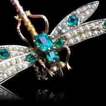 Load image into Gallery viewer, Antique Victorian Dragonfly Brooch Garnet & Seed Pearl 9K Gold - c.1900