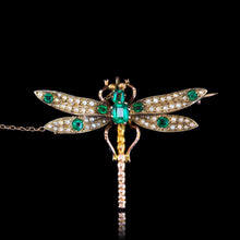 Load image into Gallery viewer, Antique Victorian Dragonfly Brooch Garnet & Seed Pearl 9K Gold - c.1900