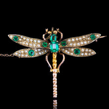 Load image into Gallery viewer, Antique Victorian Dragonfly Brooch Garnet & Seed Pearl 9K Gold - c.1900