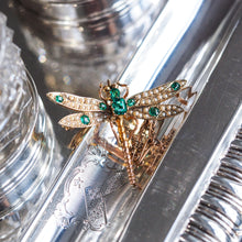 Load image into Gallery viewer, Antique Victorian Dragonfly Brooch Garnet & Seed Pearl 9K Gold - c.1900