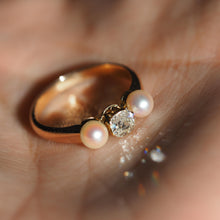 Load image into Gallery viewer, Antique Victorian Diamond and Pearl Ring 15ct Gold Trilogy Design - c.1890