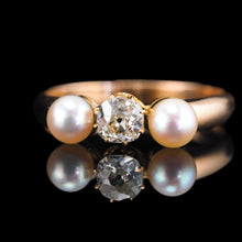 Load image into Gallery viewer, Antique Victorian Diamond and Pearl Ring 15ct Gold Trilogy Design - c.1890