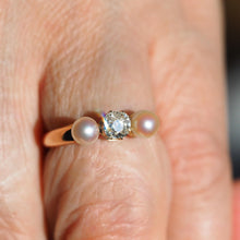 Load image into Gallery viewer, Antique Victorian Diamond and Pearl Ring 15ct Gold Trilogy Design - c.1890