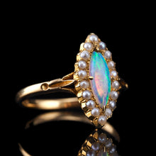 Load image into Gallery viewer, Antique Victorian Opal Ring Marquise Cluster Pearls 18K Gold - c.1895