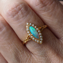 Load image into Gallery viewer, Antique Victorian Opal Ring Marquise Cluster Pearls 18K Gold - c.1895
