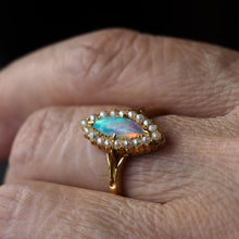 Load image into Gallery viewer, Antique Victorian Opal Ring Marquise Cluster Pearls 18K Gold - c.1895