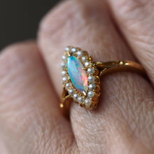 Load image into Gallery viewer, Antique Victorian Opal Ring Marquise Cluster Pearls 18K Gold - c.1895