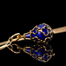 Load image into Gallery viewer, Antique Victorian Blue Enamel Guilloche Drop Pendant Necklace 15K Gold c.1900