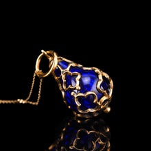 Load image into Gallery viewer, Antique Victorian Blue Enamel Guilloche Drop Pendant Necklace 15K Gold c.1900