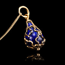 Load image into Gallery viewer, Antique Victorian Blue Enamel Guilloche Drop Pendant Necklace 15K Gold c.1900