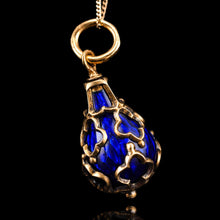 Load image into Gallery viewer, Antique Victorian Blue Enamel Guilloche Drop Pendant Necklace 15K Gold c.1900