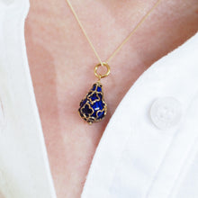 Load image into Gallery viewer, Antique Victorian Blue Enamel Guilloche Drop Pendant Necklace 15K Gold c.1900