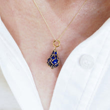 Load image into Gallery viewer, Antique Victorian Blue Enamel Guilloche Drop Pendant Necklace 15K Gold c.1900