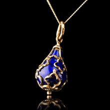 Load image into Gallery viewer, Antique Victorian Blue Enamel Guilloche Drop Pendant Necklace 15K Gold c.1900