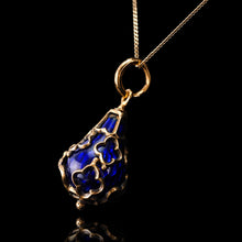 Load image into Gallery viewer, Antique Victorian Blue Enamel Guilloche Drop Pendant Necklace 15K Gold c.1900