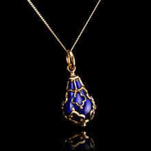 Load image into Gallery viewer, Antique Victorian Blue Enamel Guilloche Drop Pendant Necklace 15K Gold c.1900