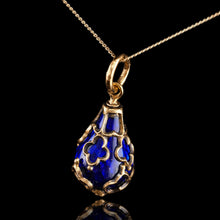 Load image into Gallery viewer, Antique Victorian Blue Enamel Guilloche Drop Pendant Necklace 15K Gold c.1900