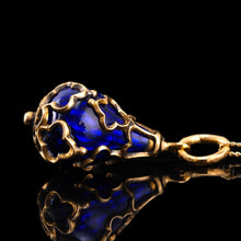 Load image into Gallery viewer, Antique Victorian Blue Enamel Guilloche Drop Pendant Necklace 15K Gold c.1900