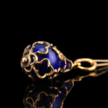 Load image into Gallery viewer, Antique Victorian Blue Enamel Guilloche Drop Pendant Necklace 15K Gold c.1900