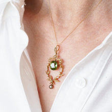 Load image into Gallery viewer, Antique Victorian Peridot Pendant Necklace, Pearls 14K Gold Original Box c.1890