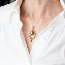 Load image into Gallery viewer, Antique Victorian Peridot Pendant Necklace, Pearls 14K Gold Original Box c.1890