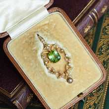 Load image into Gallery viewer, Antique Victorian Peridot Pendant Necklace, Pearls 14K Gold Original Box c.1890