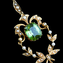 Load image into Gallery viewer, Antique Victorian Peridot Pendant Necklace, Pearls 14K Gold Original Box c.1890