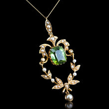 Load image into Gallery viewer, Antique Victorian Peridot Pendant Necklace, Pearls 14K Gold Original Box c.1890