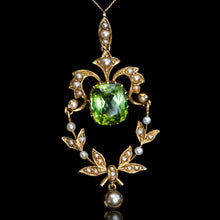 Load image into Gallery viewer, Antique Victorian Peridot Pendant Necklace, Pearls 14K Gold Original Box c.1890