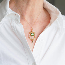 Load image into Gallery viewer, Antique Victorian Peridot Pendant Necklace, Pearls 14K Gold Original Box c.1890