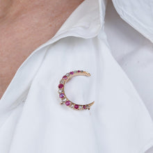 Load image into Gallery viewer, Antique Victorian Ruby & Diamond Crescent Brooch 18K Gold - c.1880