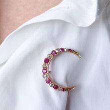 Load image into Gallery viewer, Antique Victorian Ruby & Diamond Crescent Brooch 18K Gold - c.1880