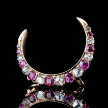 Load image into Gallery viewer, Antique Victorian Ruby & Diamond Crescent Brooch 18K Gold - c.1880