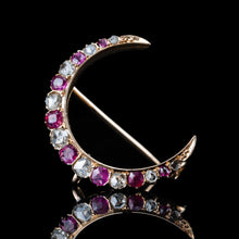 Load image into Gallery viewer, Antique Victorian Ruby & Diamond Crescent Brooch 18K Gold - c.1880