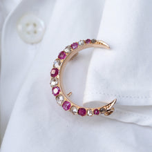 Load image into Gallery viewer, Antique Victorian Ruby & Diamond Crescent Brooch 18K Gold - c.1880