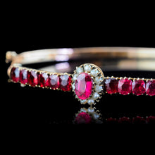 Load image into Gallery viewer, Antique Victorian/Edwardian Pink Garnet & Seed Pearl Bangle 9K Gold - c.1900