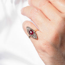 Load image into Gallery viewer, Antique Ruby & Diamond Navette Ring, Natural Unheated, 18K Gold French - c.1890