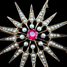 Load image into Gallery viewer, Antique Victorian Ruby & Pearl Star Pendant Necklace Brooch 14K Gold - c.1890