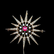 Load image into Gallery viewer, Antique Victorian Ruby & Pearl Star Pendant Necklace Brooch 14K Gold - c.1890