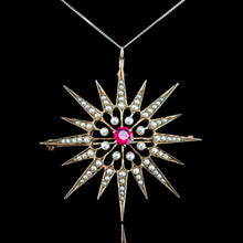 Load image into Gallery viewer, Antique Victorian Ruby & Pearl Star Pendant Necklace Brooch 14K Gold - c.1890